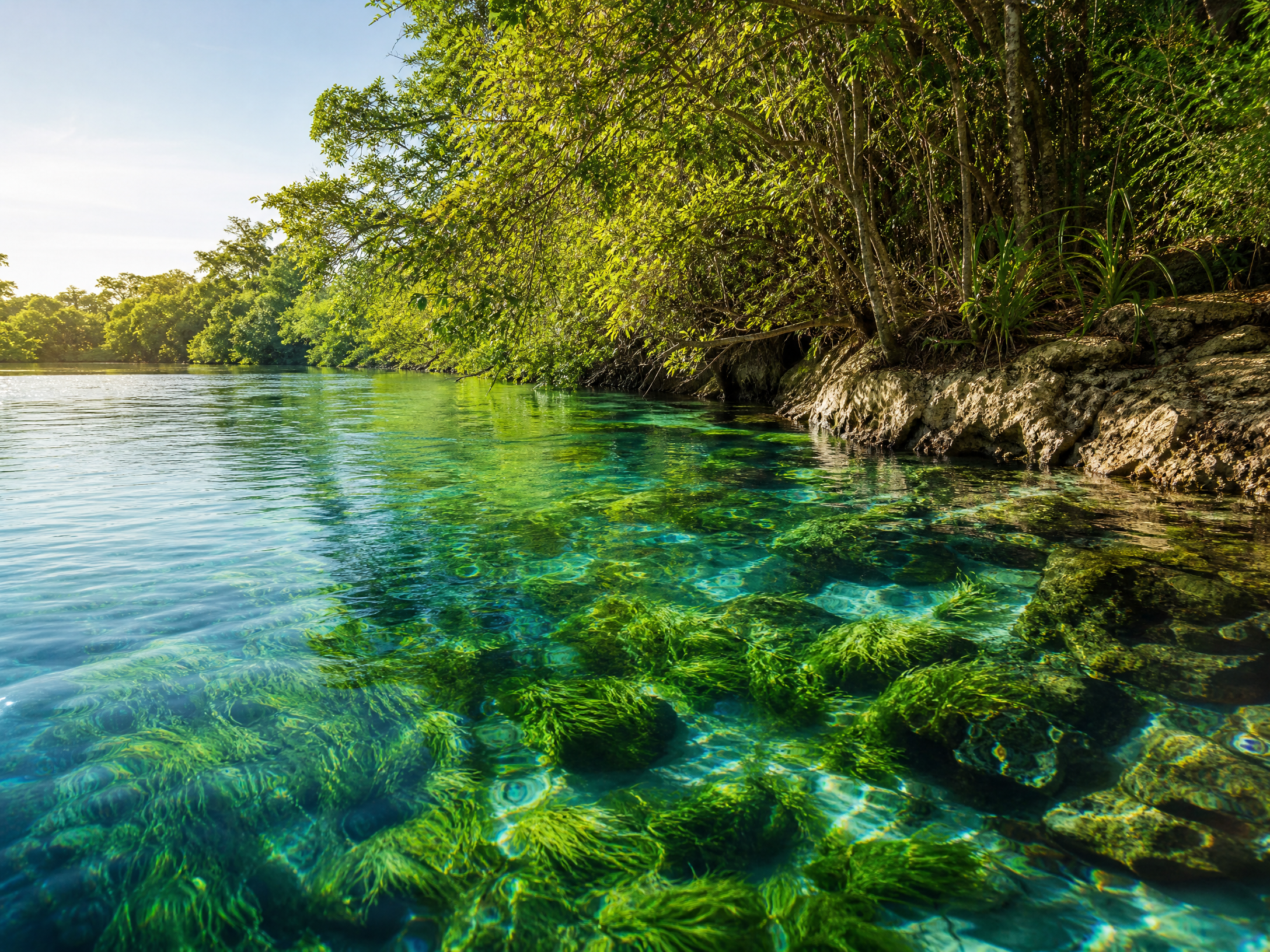 Rio transparente cercado por mata em Bonito