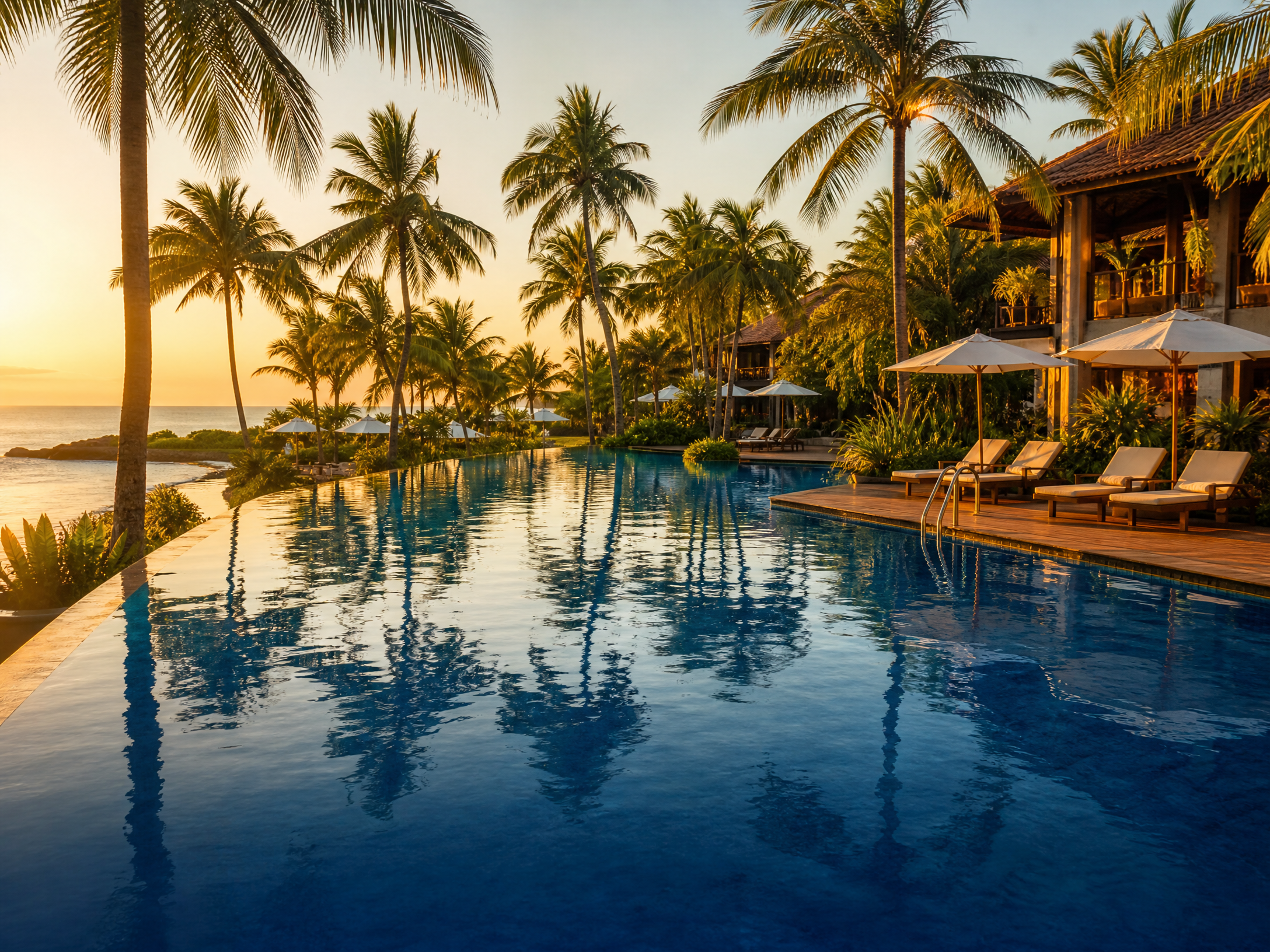Resort tropical com piscina e palmeiras